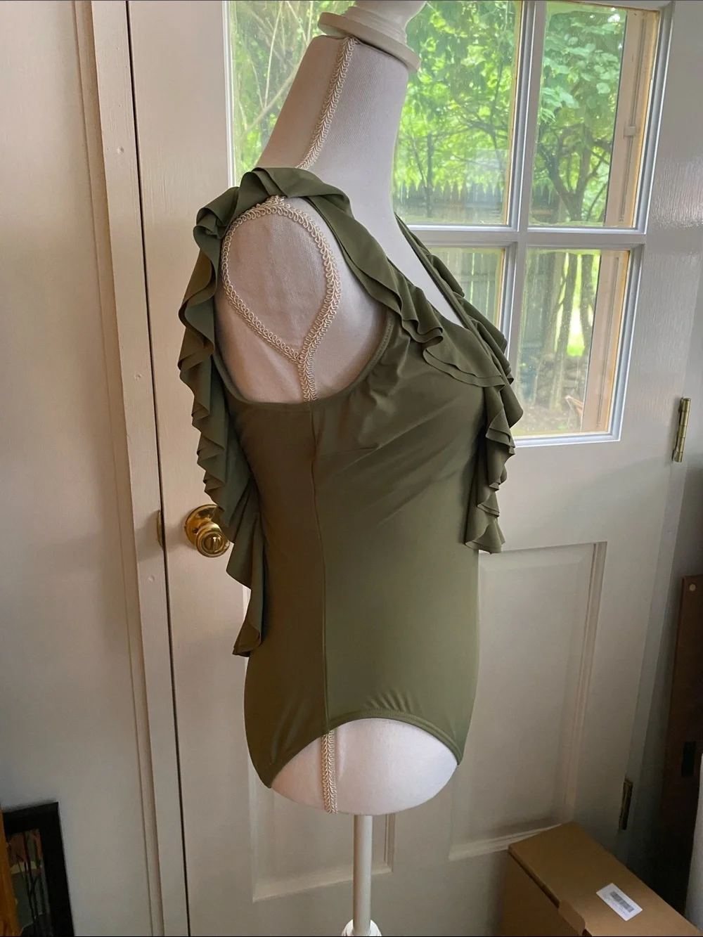 Michael Kors Olive Ruffle V-Neck Swimsuit